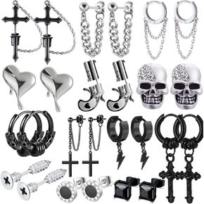 13 Pairs Stainless Steel Punk Y2K Black Dangle Earrings for Men, Skull Screw Cone etc Huggie Hoop Long Chain Piercing Hoop Earrings Set for Unisex in Kuwait