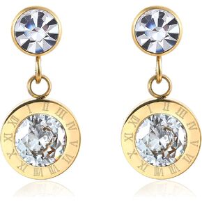 Cubic Zirconia Gold Color Stud Earrings, Dangle Circle Charm with Roman Numeral, Mens Womens Steel