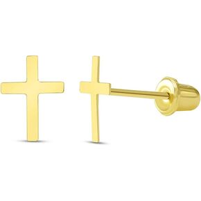 14k Yellow Gold Dainty Christian Mini Cross Stud Earrings with Screw Back