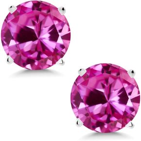 Gem Stone King 14K White Gold Pink Created Sapphire Stud Earrings For Women (2.00 Cttw, Round 6MM)
