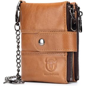 BULLCAPTAIN Genuine Leather Men Wallet with Anti-Theft Chain Large Capacity Double Zipper RFID Coin Purse with 2 ID Window (Black)