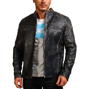 Men's Vintage Distressed Black Biker Jacket - Genuine Cowhide Leather Jacket with Distressed Finish