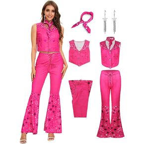 Poboola Pink Cowgirl Outfits for Women 70s 80s Costume Hippie Disco Flare Pant Halloween Costumes Cosplay