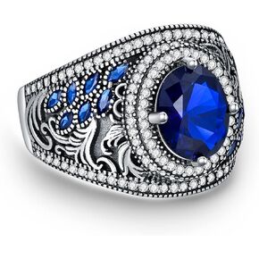 Round Sapphire Gemstone Ring for Men Sterling Silver Oxidized Men's Ring Vintage Retro Jewelry
