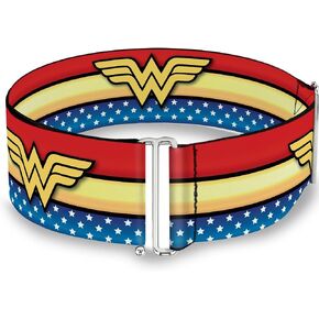 Buckle-Down DC Comics Belt, Cinch Belt Wonder Woman Logo Stripe Stars Red Gold Blue White, 3.0 Inch Wide, Adjustable