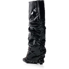 DETOGNI Women's Black Patent Wedge High Heel Boots Pointed Toe Slip-On Fit Ruched Wrinkles Booties