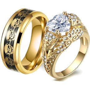 Punk Skull Ring Matching Rings Couple Rings Yellow Gold Plated AAA CZ Wedding Ring Sets