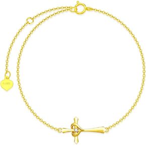 YDD 14k Solid Gold Cross Bracelet for Women Cross Bracelets Jewelry for Women Gold Heart Cross Bracelet Jewelry Gift for Her 6.5''-8.5''