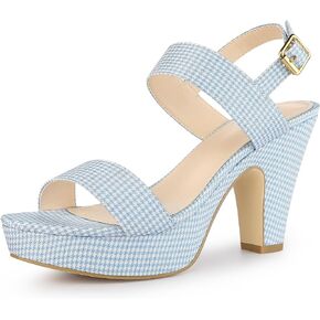 Allegra K Women's Houndstooth Plaid Print Platform Buckle Chunky High Heel Dressy Sandals