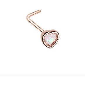 Amelia Fashion 20 Gauge Rose Gold Glitter Opal Heart Shape L-Shape Nose Ring 316L Surgical Steel