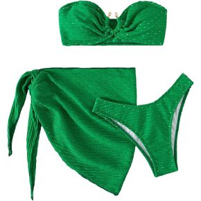GORGLITTER Women's 3 Piece Swimsuit Strapless Bandeau High Cut Thong Ring Bikini Set with Cover Up Skirt