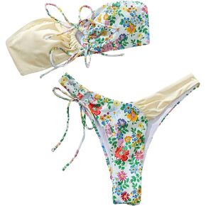 MakeMeChic Women's 2 Piece Bandeau Swimsuit Boho Ring Strapless High Cut Bikini Sets Bathing Suit