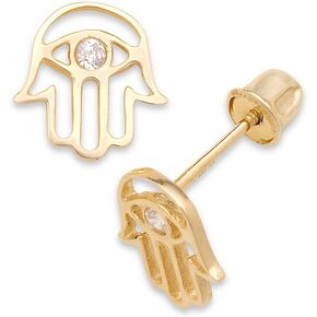 JewelryWeb - Solid 14k Yellow Gold Cubic Zirconia Hamsa Screw Back Earrings - Hand of God Stud Earrings - Protection Earrings for Women Girls - Evil Eye Earrings for Cartilage