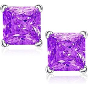 Princess Cut Birthstone Earrings for Women Mom, Sparkle Birthstone Jewelry 18K White Gold Plated 925 Sterling Silver Solitaire Birthstone Stud Earrings for Women Mom Birthday Gifts for Wome Mom Wife