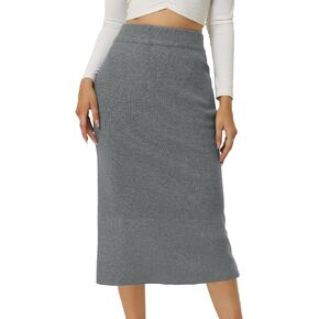 Women's Ribbed Knit Skirt Elastic Waist Slit Hem Stretchy Bodycon Skirts