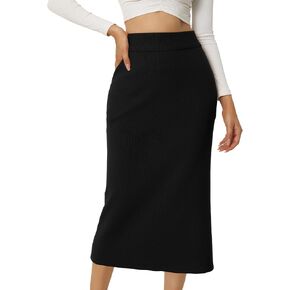 Women's Ribbed Knit Skirt Elastic Waist Slit Hem Stretchy Bodycon Skirts in Kuwait