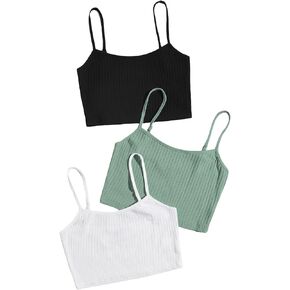 Floerns Women's 3 Pieces Basic Sleeveless Rib Knit Spaghetti Strap Crop Cami Top