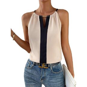 GORGLITTER Women's Color Block Halter Tops Keyhole Tie Back Sleeveless Loose Fit Blouse