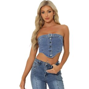 Allegra K Denim Crop Tube Top for Women's Strapless Sleeveless Button Corset Top