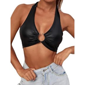 GORGLITTER Women's PU Leather Backless Halter Crop Top Tie Back O Ring Sleeveless Tank Tops