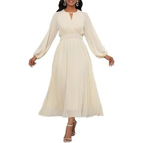 VERWIN Chiffon Dresses for Women Long Sleeve Round Neck Maxi Dress Elastic Waist Pleated A Line Flowy Dress