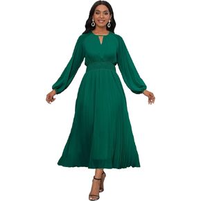 VERWIN Chiffon Dresses for Women Long Sleeve Round Neck Maxi Dress Elastic Waist Pleated A Line Flowy Dress
