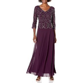 J Kara Women's Petite 3/4 Sleeve with Scallop Beaded Pop Over Gown