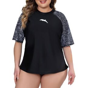 Halcurt Women's Plus Size Rash Guard Swimsuit Built in Bra Short Sleeve Swim Shirt Top UPF50 Quick Dry Swimwear