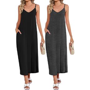 Huukeay 2 Pcs Women Casual Maxi Dresses V Neck Loose Slit Long Cami Dresses Summer Beach Cover Ups Sundress with Pockets