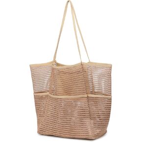 Large Mesh Beach Tote Bag with Multi Pockets - Ideal Travel and Swimming Pool Beach Shoulder Handbag
