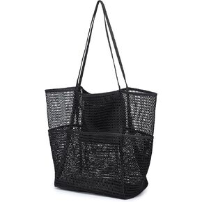 Large Mesh Beach Tote Bag with Multi Pockets - Ideal Travel and Swimming Pool Beach Shoulder Handbag