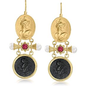 Ross-Simons Italian Tagliamonte Black Onyx and .60 ct. t.w. Ruby Drop Earrings With Cultured Pearls in 18kt Gold Over Sterling