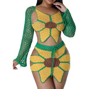Nihsatin 2 Piece Outfits for Women Sunflower Crochet Long Bell Sleeve Crop Top with Cutout Skirt Set