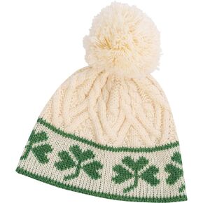 100% Merino Wool - Irish Shamrock Hat Aran Knit Beanie Pom Pom Style for Women