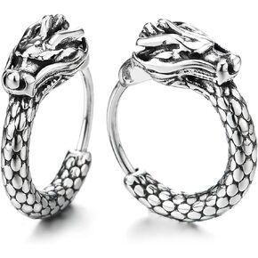 Retro Style Vintage Dragon Scales Huggie Hinged Hoop Earrings for Men Womens, Stainless Steel