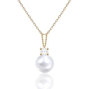 14K Real Gold Moissanite Pearl Necklace for Women, 8.5mm Freshwater Pearl Pendant with 14K Gold Chain Jewelry Birthday Christmas festival Gift for Wife Mom Girlfriend 16" + 2"