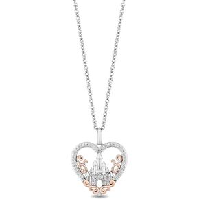 Jewelili Enchanted Disney Fine Jewelry Sterling Silver and 10K Rose Gold 1/8 Cttw Natural White Round Diamond Majestic Castle Heart Pendant Necklace, 18" Cable Chain