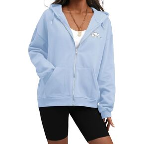 Plain Oversized Zip Up Hoodie for Women Fleece Full Zip Jacket Cute Casual Zipper Hooded Sweatshirt for Teen Girls