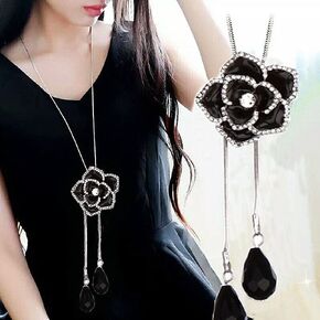 Sither Black Rose Necklace for Women Long Beads Tassel Necklace Silver Sweater Necklace Chain Wedding Dressy Necklace Jewelry for Winter Evening Party Christmas Gift
