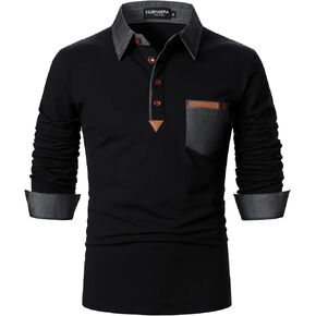 LUJENGEFA 2023 Long Sleeve Polo Shirts for Men Patch Detail Contrast Color Golf Polo Casual Cotton Polo Shirts Tops