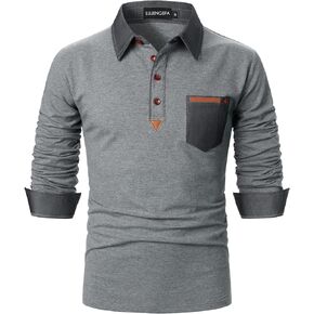 LUJENGEFA 2023 Long Sleeve Polo Shirts for Men Patch Detail Contrast Color Golf Polo Casual Cotton Polo Shirts Tops