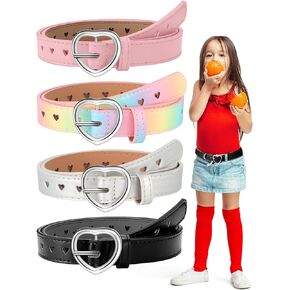 Newcotte 4 Pcs Girls Belt Size 6-12 Kids PU Leather Waist Belt Hollow Heart Design Metal Buckle for Girl Dress Pants Jeans