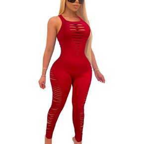 GOKATOSAU Women's Sleeveless Sexy Hollow Out Cutting Bodycon Full Length Jumpsuit