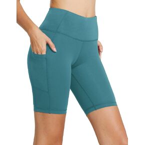 BALEAF Biker Shorts Women Yoga Gym Workout Spandex Running Volleyball Tummy Control Compression Shorts with Pockets 8" Green XL in Kuwait