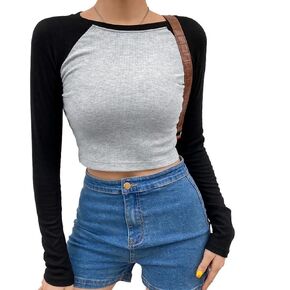babyhealthy Womens Raglan Shirt Cropped Y2K Long Sleeve Ribbed Crop Top Tshirt for Teen Girls