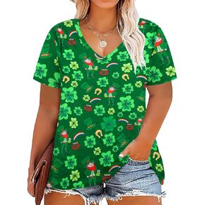 Plus Size St Patrick's Day Shirts for Women Green Lucky Short Sleeve Striped Shirt Funny Irish Holiday T-Shirt