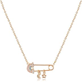 Gold Paper Clip Pendant Necklace for Women Teen Girls Gold Plated Safety Pin Necklace with Cute CZ Rainbow Dangle Moon Star Charm Paperclip Necklace Adjustable Chain Trendy Y2K Jewelry Gift for Girls