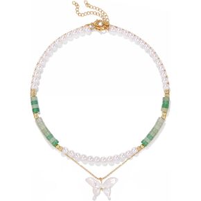 Beach Necklace Crystal Beads Necklace for Women Natural Stone 18K Gold Plated Layered Charm Choker Necklace for Teen Girl Bohemia Summer Jewelry