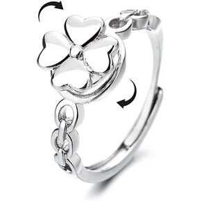 Lucky Four Leaf Clover Fidget Anxiety Ring Sterling Silver Plated Spinner Rotate Freely Stress Relief Adjustable Open Rings Love Heart Shaped Leaves Dainty Stackable Finger Bands Eternity Jewelry