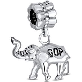USA Patriotic Political Party Democratic Donkey Or Republican Elephant Dangle Bead Charm For Women Oxidized .925 Sterling Silver Fits European Bracelet